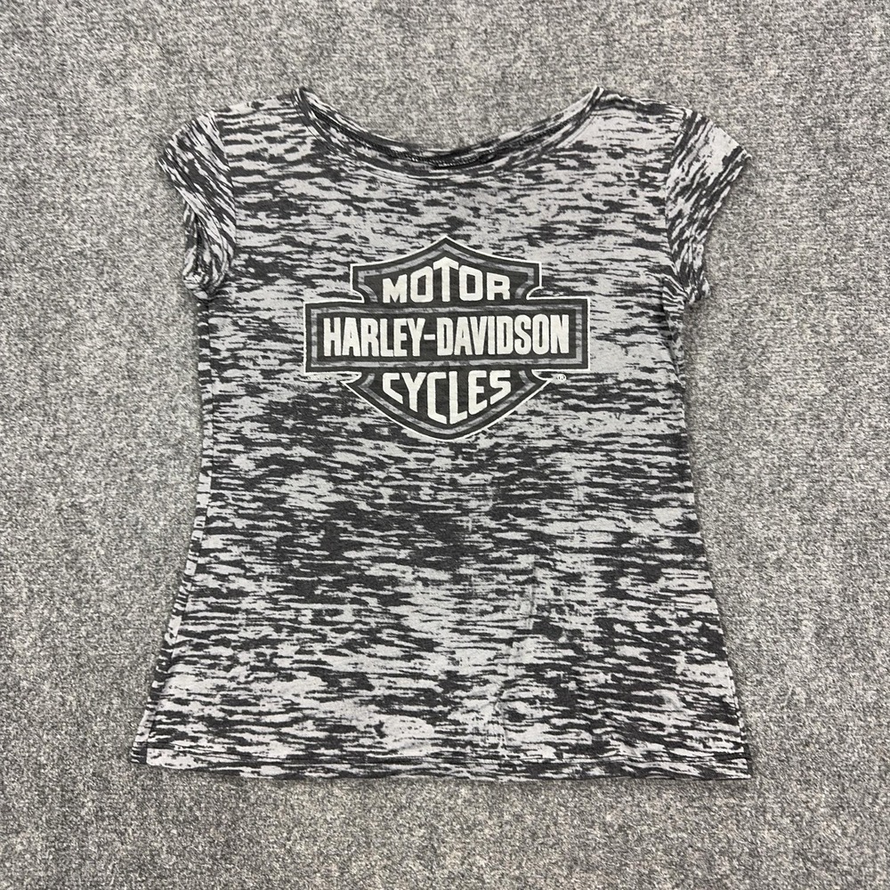 Harley-Davidson Shirt Womens M Gray Striped Crew Neck Cap Sleeve Graphic‎ Tee